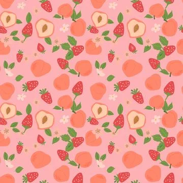 Hand drawn abstract fruit peach pattern with plant parts and sliced food. Cute Stockillustratie