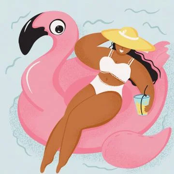 Hand drawn abstract fun summer time illustration card with girl swimming on pink Stock Illustration