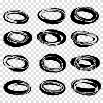 Hand drawn abstract grunge elements. Doodle sketched circles or rings. Blac.. Illustrazione stock