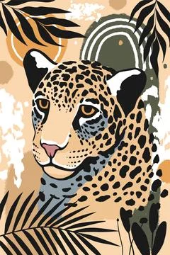 Hand-drawn Abstract illustration of a leopard with tropical leaves and sun. Stockillustratie
