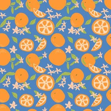 Hand drawn abstract orange pattern with plant parts and sliced food. Cute Stock Illustration