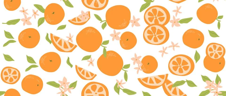 Hand drawn abstract orange pattern with plant parts and sliced food. Cute Stock Illustration