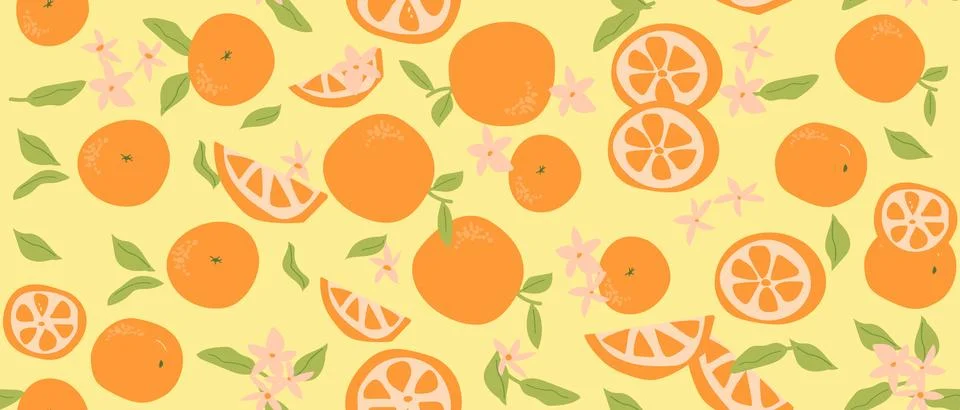 Hand drawn abstract orange pattern with plant parts and sliced food. Cute Stock Illustration