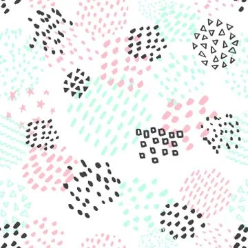 Hand drawn abstract pattern in black, pastel pink and mint green on white bac Stock Illustration