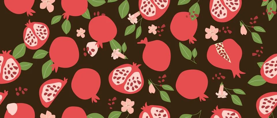 Hand drawn abstract pomegranate pattern with plant parts and sliced food. Cute Stockillustratie