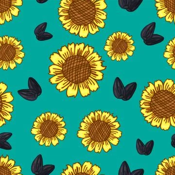 Hand drawn abstract seamless pattern of sunflowers flowers and seeds Stock Illustration
