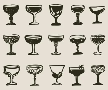 Hand-drawn abstract set of unique cocktail and wine glasses in doodle style Stock Illustration