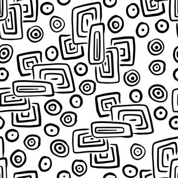 Hand drawn abstract shapes seamless pattern. Black and white background. Stock-Illustration