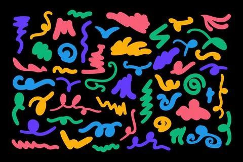 Hand drawn abstract squiggles curves collection naive art graphic design vibrant Stock Illustration