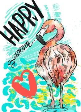 Hand drawn abstract textured vector summer fun card template with pink flamingo Stock Illustration