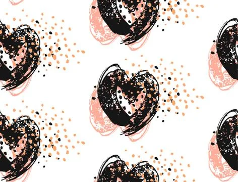 Hand drawn abstract vector seamless pattern of ink brush painting hearts with Stock Illustration