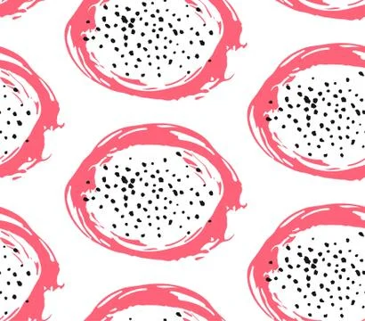 Hand drawn abstract vector seamless pattern of tropical exotic fruit pitaya Stock Illustration