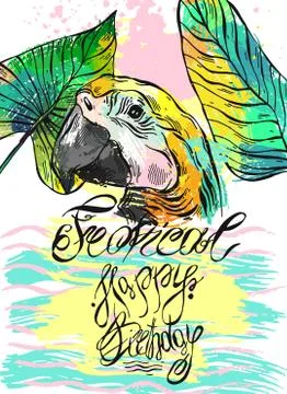 Hand drawn abstract vector tropical Happy Birthday template card with parrot and Stock Illustration