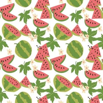 Hand drawn abstract watermelon pattern with plant parts and sliced food. Cute Stock Illustration