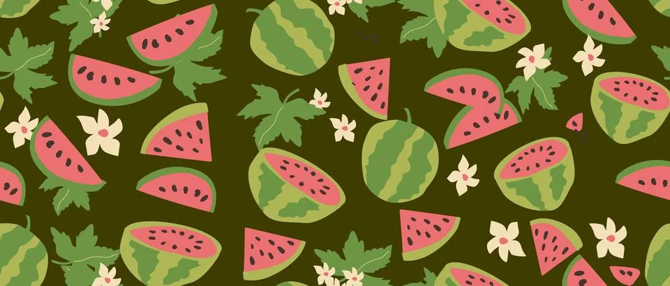Hand drawn abstract watermelon pattern with plant parts and sliced food. Cute Stock Illustration