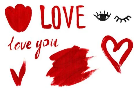 Hand drawn acrylic painted elements for design. Red inscription Love, love .. Stock Photos