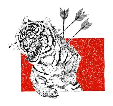 Hand drawn aggressive tiger with arrows and tears. Tattoo theme. Vector sketc Stock Illustration