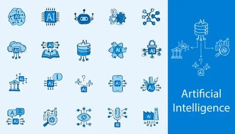 Hand Drawn AI Artificial Intelligence Blue Doodle Icon Set Vector Collectio.. Illustrazione stock