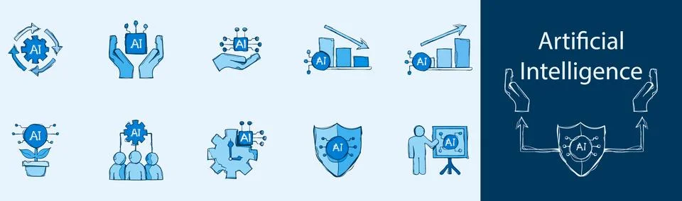 Hand Drawn AI Artificial Intelligence Blue Icon Set Horizontal Banner Vecto.. Stock Illustration