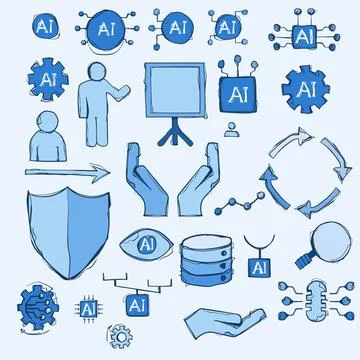 Hand Drawn AI Artificial Intelligence Blue Doodle Elements Kit Vector Parts.. 스톡 일러스트