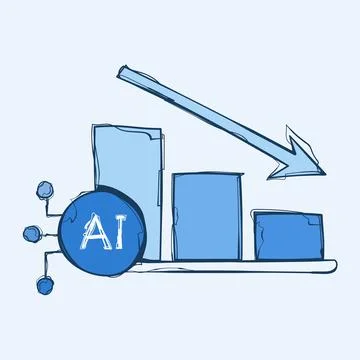 Hand Drawn AI Declining Bar Chart Arrow Down Blue Sketch Vector Icon Busine.. 库存插图