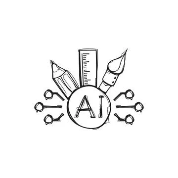 Hand Drawn AI Design Tools Pencil Ruler Pen Nib Doodle Sketch Vector Icon A.. イラスト素材