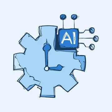 Hand Drawn AI Gear Clock Time Efficiency Blue Sketch Vector Icon Technology.. Stock Illustration