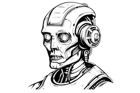 Hand-Drawn AI Robot Cyborg in a Timeless Vintage Engraved Style. Vector Stock Illustration