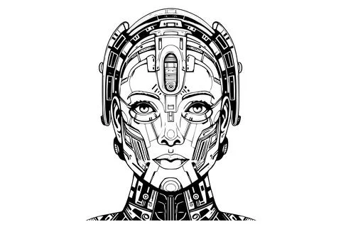 Hand-Drawn AI Robot Cyborg in a Timeless Vintage Engraved Style. Vector Stock Illustration