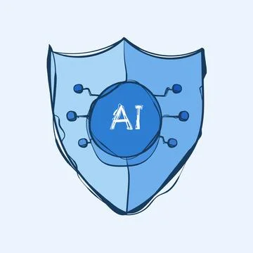 Hand Drawn AI Shield Cybersecurity Protection Blue Sketch Vector Icon Data .. Stock Illustration