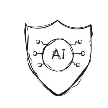 Hand Drawn AI Shield Cybersecurity Protection Blue Sketch Vector Icon Data .. Stock Illustration