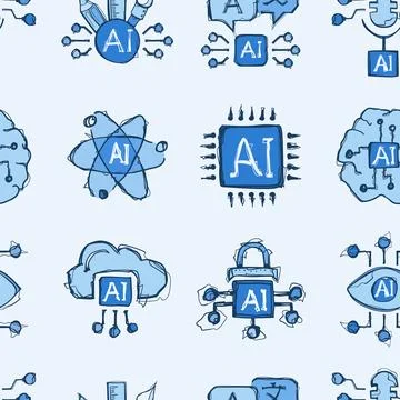 Hand Drawn AI Technology Blue Doodle Seamless Pattern Vector with Text Icon.. Stock Illustration