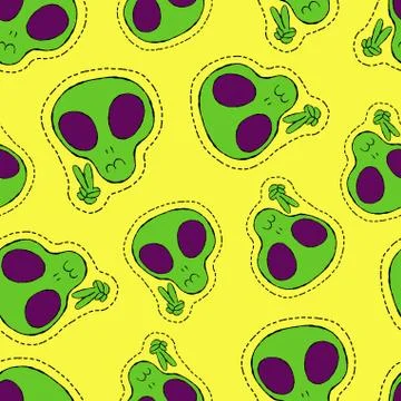 Hand drawn alien face patch icon seamless pattern Stock Illustration