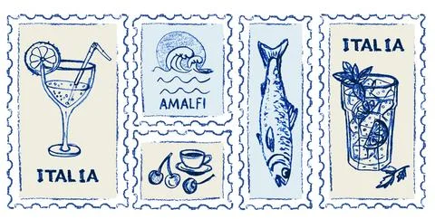 Hand drawn Amalfi coast postage stamps with cocktail fish Stock Illustration