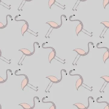 Hand drawn animal seamless pattern with exotic flamingo shapes. Grey palette  스톡 일러스트