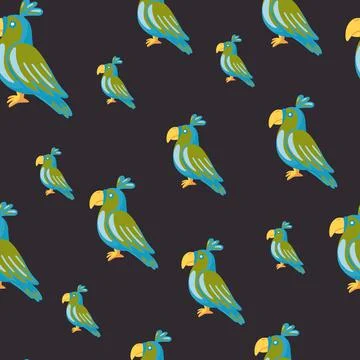 Hand drawn animal seamless pattern with random parrots ornament. Black backgr Illustrazione stock