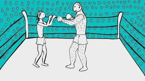 Hand drawn animated boxing ring with two boxers big one and smaller Stock Footage