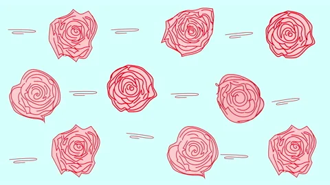 Hand drawn animation background with moving red and pink roses. Light cyan Stock Footage 136665022