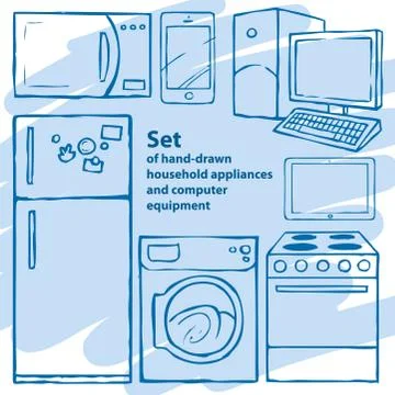 Hand-drawn appliances and computer equipment Stock Illustration