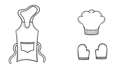 Hand drawn apron, chef hat and cooking gloves Stock Illustration