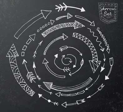 Hand drawn arrow icons set on black chalk board Ilustración de archivo