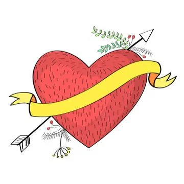 Hand drawn arrow piercing through heart Stock Illustration