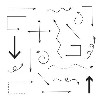 Hand Drawn Arrow Set Vector: Curly, Curved, Dashed and Straight Line Arrows Stock Illustration