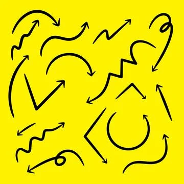 Hand drawn arrow vector icon set. arrow design sketch on yellow background. Stock Illustration