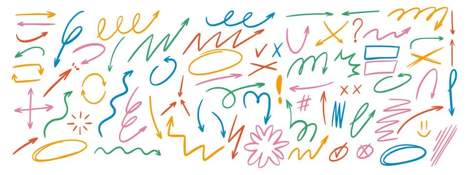 Hand drawn arrows with doodle elements, speech bubbles, crosses, and underl.. Stock Illustration