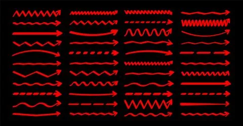Hand drawn arrows, highlighter lines. Red marker stroke, brush pen drawn Illustrazione stock