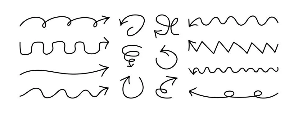 Hand drawn Arrows set with editable stroke. Doodle element on white backgroun Stock Illustration