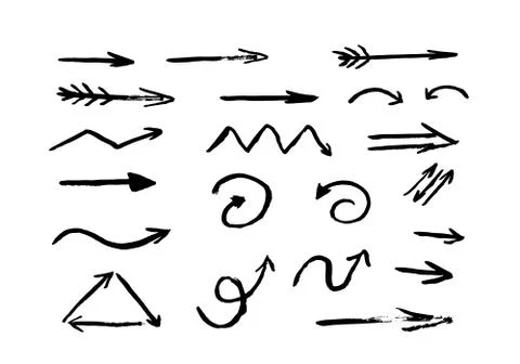 Hand drawn arrows set isolated on white background. Grunge brush stroke arrow 스톡 일러스트