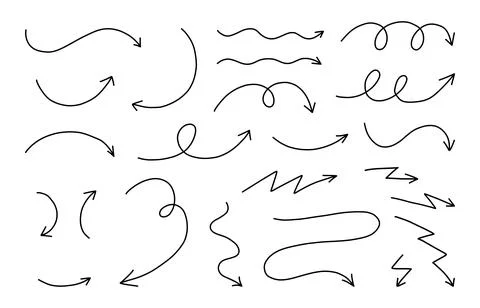 Hand drawn arrows set. Vector line doodles isolated on white background. Stock Illustration