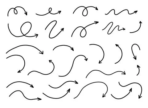 Hand drawn arrows set. Vector line doodles isolated on white. Stock Illustration